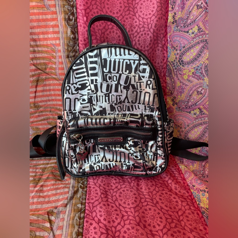 Juicy Couture Metallic Silver And Black Mini Backpack With Multi Pockets